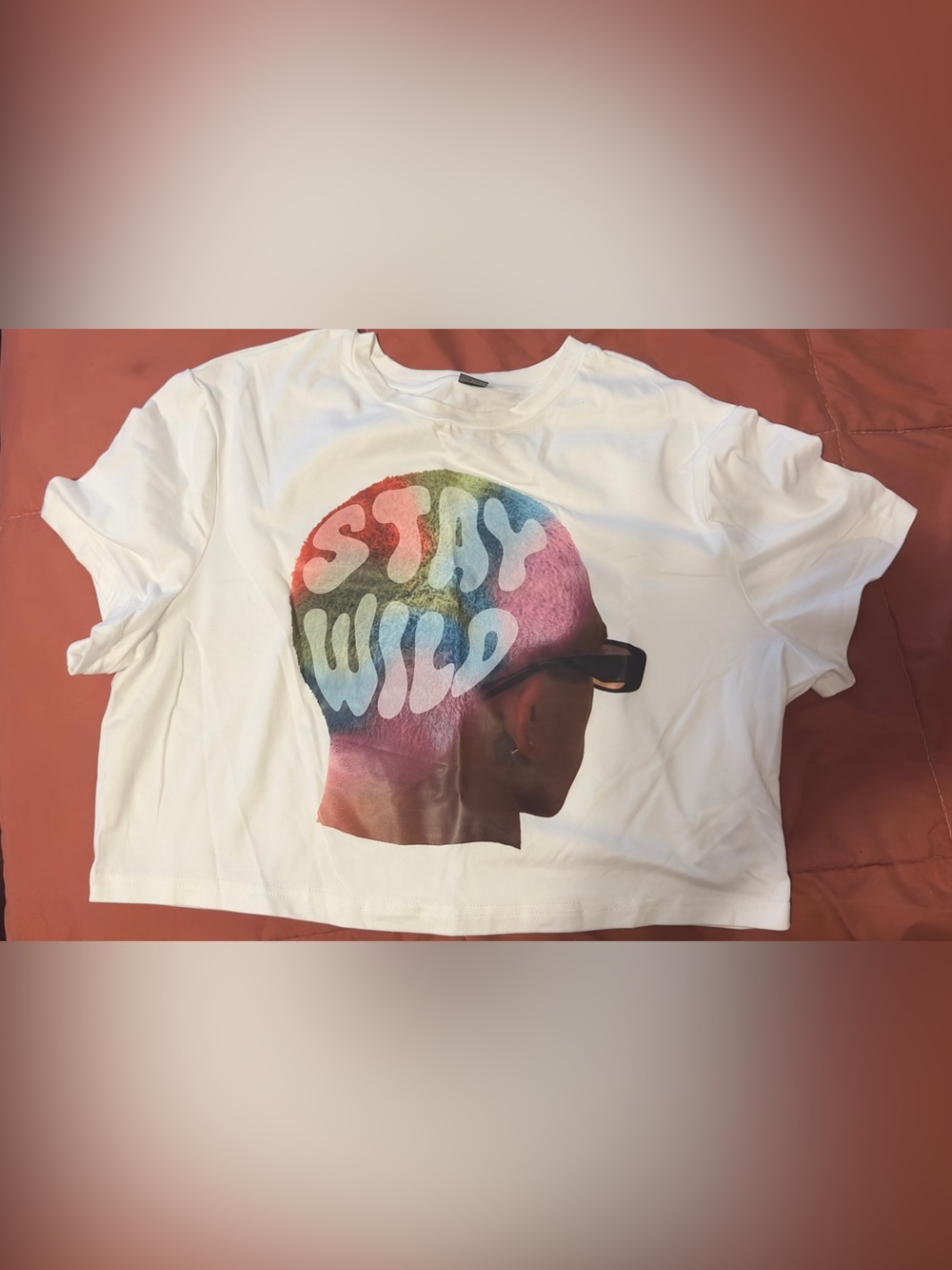 White Graphic Tee "Stay Wild" with Rainbow Head Print